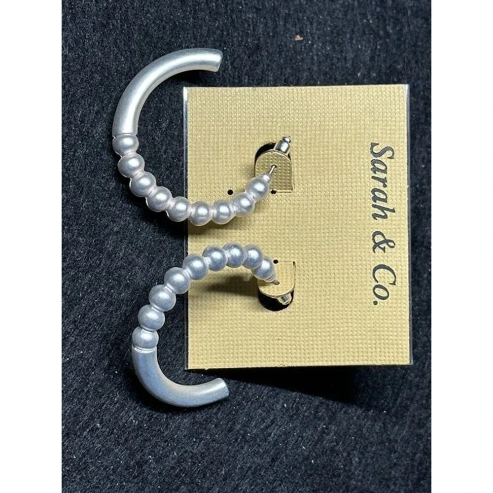 Sarah & Co Silver Tone Textured Bead Half Hoop Earrings Boho Statement Style New